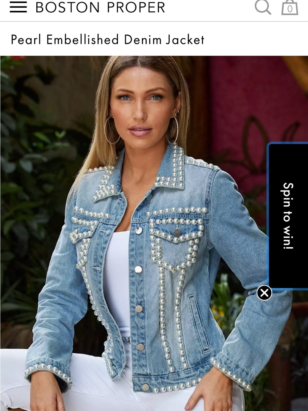 Boston Proper Light Blue Pearl-Trim Denim Jacket